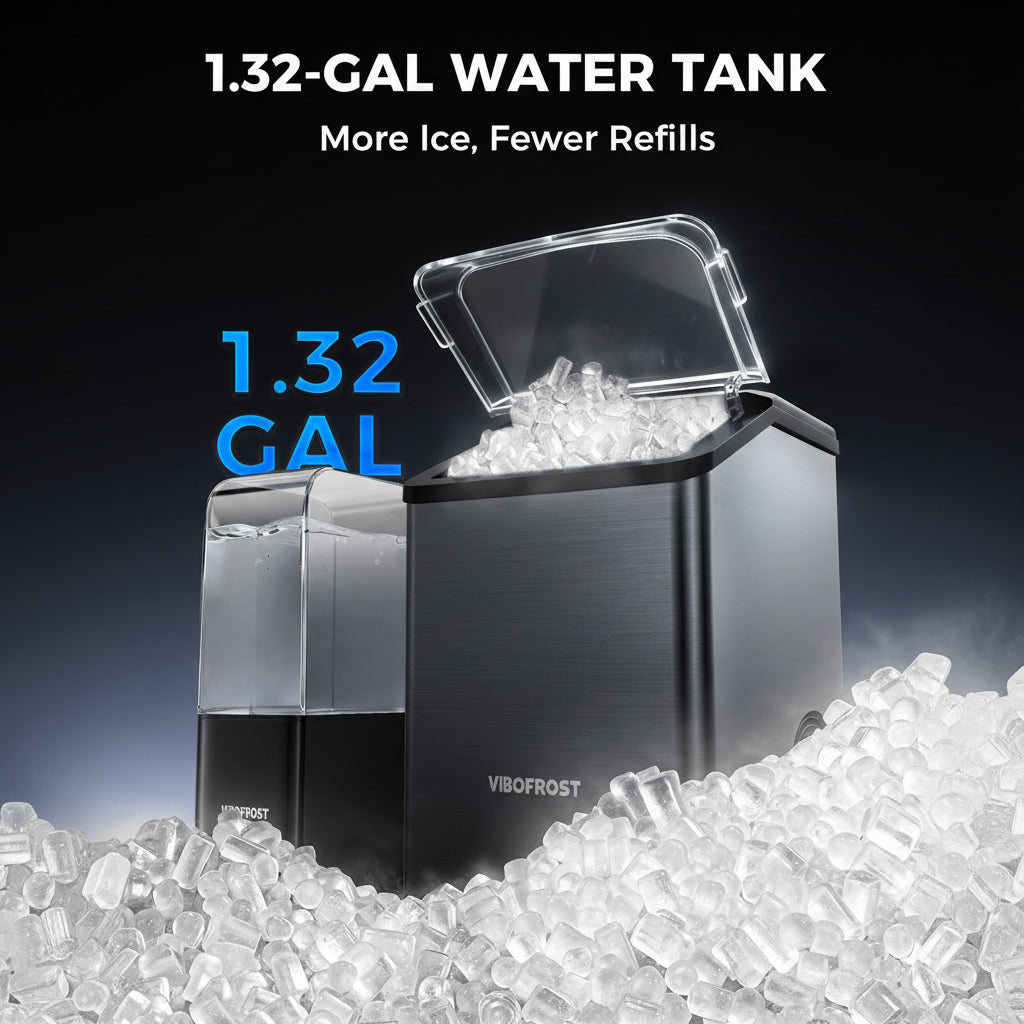 Ice maker with 1.32-gal water tank capacity, surrounded by ice cubes on a dark background.